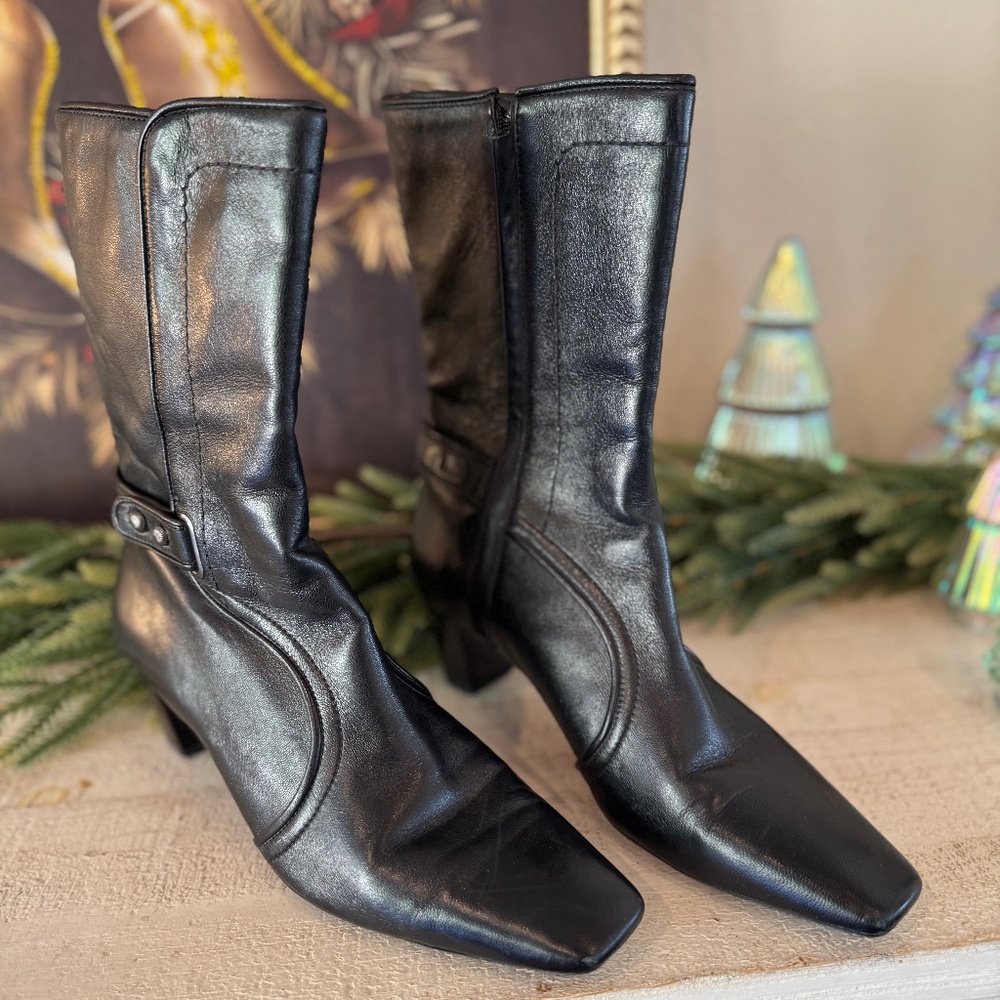 Cole Haan Black Leather Mid-Calf Square-Toe Boots